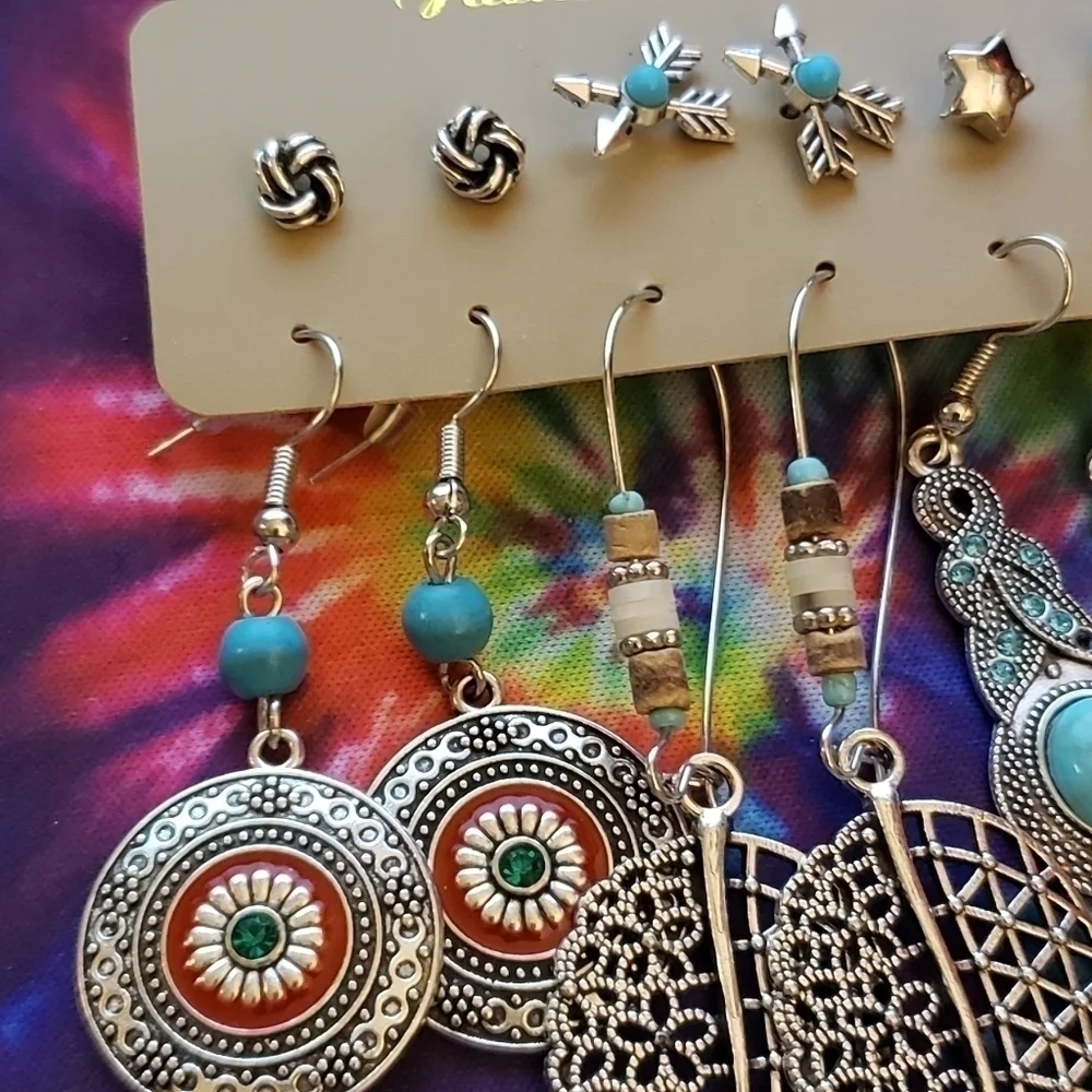 Nwt Silver Turquoise Boho Drop Dangle Earrings Stud Earrings Set of 6 - Picture 2 of 5